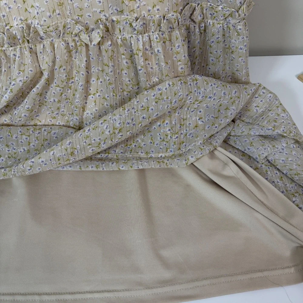 Whimsical Beige Microfloral Metallic Tiered Ruffled Prairie Maxi Dress LG o.p.t. - Picture 7 of 10